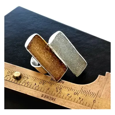 Gold and Beige Enamel Resin Dual Open Band Ring, Sterling Silver Ring with Gold and Beige Enamel