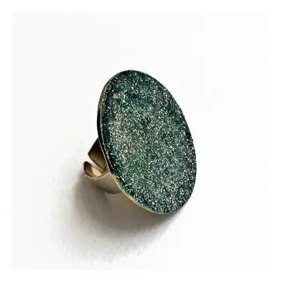 Round Blue - Green Enamel Resin Open Band Ring, Sterling Silver Bronze Ring with Blue Green Cold