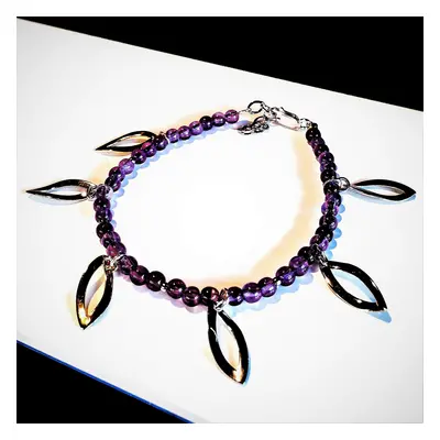 Amethyst Bracelet , Natural Amethyst Beaded Bracelet with silver gold plated Charms and Silver C