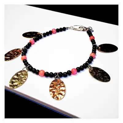 Black Onyx and Pink Coral Beaded Bracelet, Black Onyx + Pink Coral Beaded Bracelet with Silver C