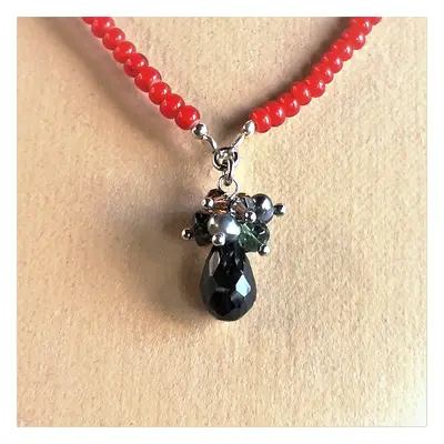 Red Coral Beaded Necklace with Black Onyx + Black Pearl Pendant, Black Onyx with Black Pearl Dro