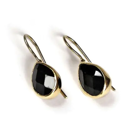 Black Onyx Drop Earrings, Sterling Silver Gold Dangle Earrings with Faceted Black Onyx, Birthday