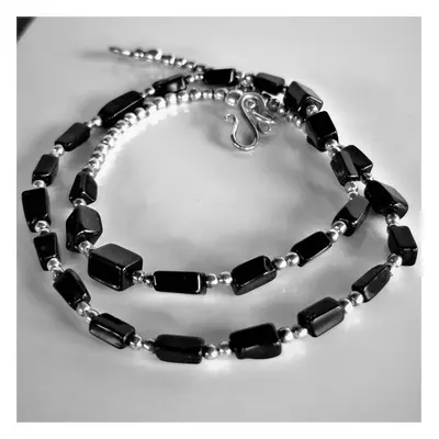 Black Onyx Beaded Necklace , Natural Black Onyx Beaded Necklace with Sterling Silver Clasp, Stat