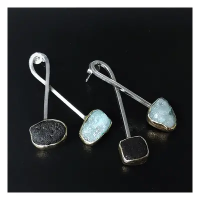 Black Lava Stone and Aquamarine Long Drop Earrings, Handmade Sterling Silver Dangle Earrings wit